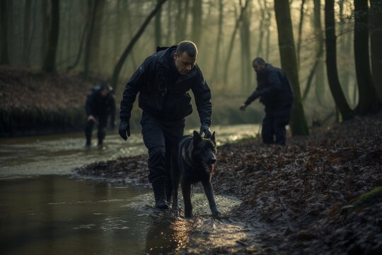 A policeman with a dog is searching the woods for a missing person 
