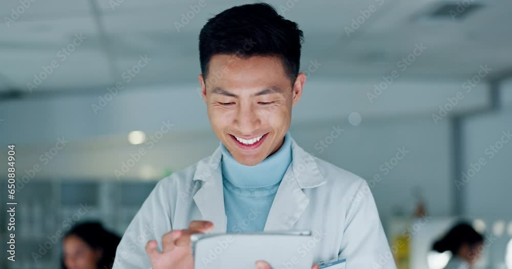 Poster scientist, man and tablet for laboratory research, data analysis and reading results or online vacci