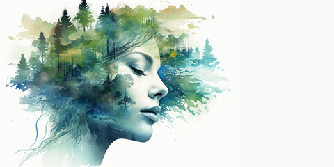 Mental Health Awareness. Eco style. Abstract portraite of beautiful young woman. Double exposure of female with background of nature, forest. Watercolor illustration, copy space, white backdrop