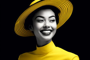 A stylish lady with vibrant multitude of black color fashion accessories, takes center stage in a close-up portrait against a lively background. Generative AI.