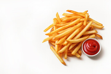French Fries and Ketchup Isolated on a White Background
