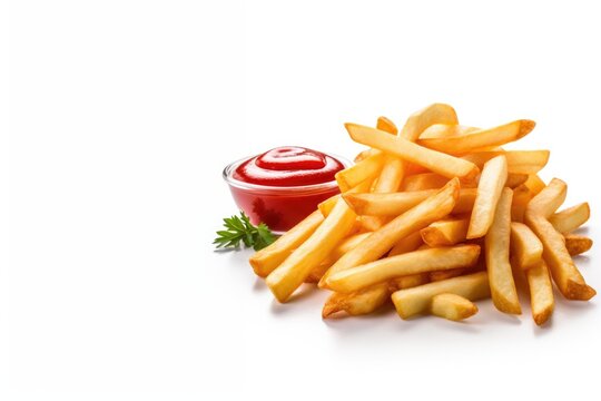 French Fries and Ketchup Isolated on a White Background