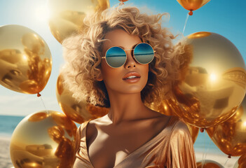 Young sexy woman in sunglasses with many golden balloons on beach event - obrazy, fototapety, plakaty