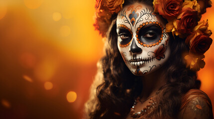 Dia de los muertos - Day of The Dead. Calavera Catrina in Halloween. Close-up portrait young woman with sugar skull make up, flowers and colorful traditional mexican dress. Holy Death - Santa Muerte