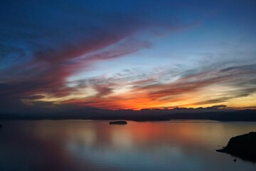 Red sunrise over the sea in Komodo National Park, Indonesia