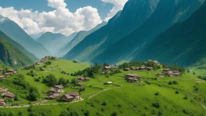 Fototapeta premium A remote mountain village nestled among lush green valley