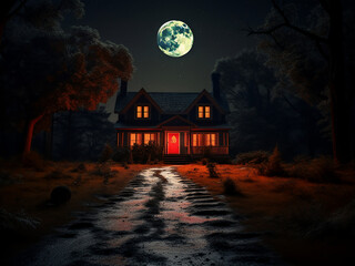 Ghostly Halloween Old House: A place where Halloween comes to life. AI Generation.