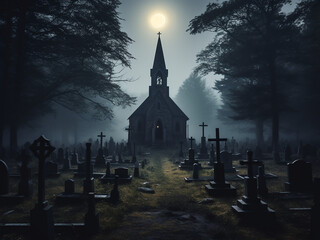 Immerse in the chilling ambiance of a spooky church. AI Generation.