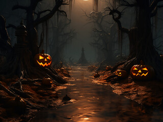 Enchanted Halloween swamp, an enchanted horror illustration. AI Generation.