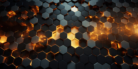 Abstract futuristic luxurious digital geometric technology hexagon background banner illustration 3d - Glowing gold, brown, gray and black hexagonal 3d shape texture wall  - obrazy, fototapety, plakaty