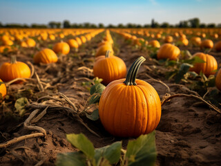 Pumpkin field transformed into a masterpiece. AI Generation.