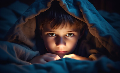 Small boy watching tablet or mobile phone at bed, blanket over his head, close-up detail to face and eyes. Bedtime harmful blue light screentime concept.