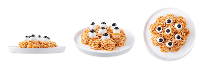 Tomato sauce Halloween pasta with mozzarella cheese and black olives in the form of monster on a white isolated background
