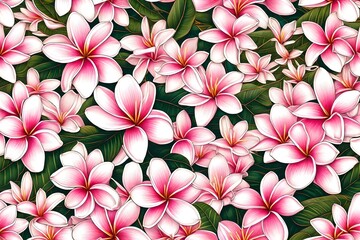 seamless pattern with pink flowers, Amongst a lush field of vibrant and fragrant flowers, the frangipani stands as the epitome of beauty.