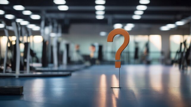 An orange question mark standing in the middle of an empty warehouse or gym with a sepia look, beautiful blurry hidden light indoor background. AI generative.