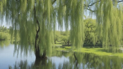 A tranquil pond surrounded by weeping willow trees