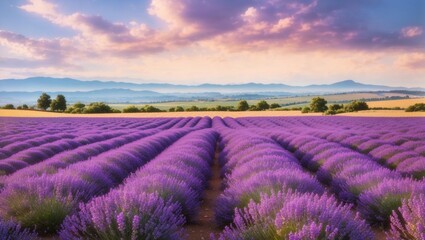 A vibrant field of lavender in full bloom