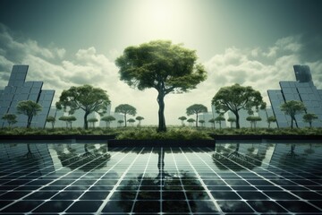 Fototapeta premium A shot of young trees and solar panels symbolizing the interaction of nature and technology