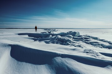 Wide-shot of a person standing out on a frozen, snowy landscape