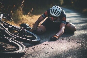 cyclist injured on the road - obrazy, fototapety, plakaty