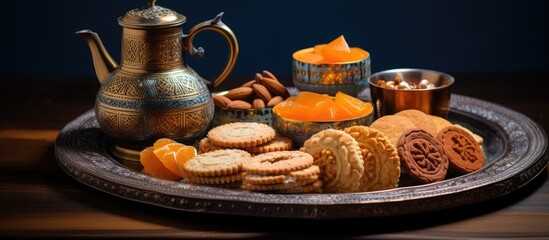 Symbolic tea tray and cookies representing Moroccan hospitality and Islamic holidays Ramadan Kareem Eid Mubarak Oriental hospitality