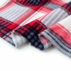 Close up shot of plaid red and white fabric on a white background