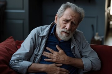 sick old man sits on a sofa and suffers from chest pain