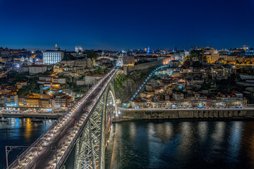 Panoramic view of cityscape of Porto, Portugal over Dom Luis I Bridge and Douro River at sunset