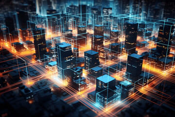 Obraz premium Intelligente Stadt und abstrakte verbundene Punkte und Linien und ästhetische Wave Line Design, große Datenverbindung Technologie-Konzept, Rot Blau