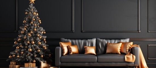 Scandinavian style living room with Christmas tree and gift boxes Black sofa against dark wall mockup