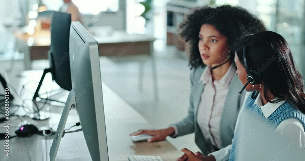 Poster women, team manager and call center support, advice and feedback for e commerce solution on computer