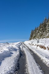 Fototapeta na wymiar Beautiful scene showcases a scenic winter road winding around a rolling hill