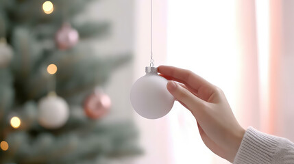 Fototapeta na wymiar Empty white heart Christmas tree toy in female hands, mockup for Christmas toy blank design.