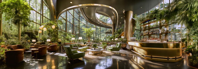 The green hotel in the jungle, a large lounge area with bar and comfortable seating, interior design with large window areas, panorama, generative ai