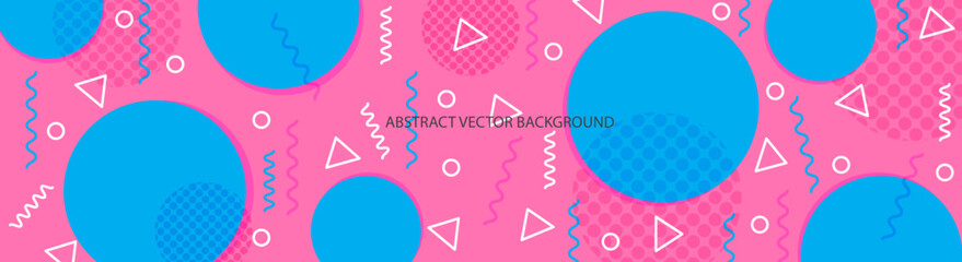 Abstract Vibrant Colorful Vector Background with Geometric Shapes in Memphis style. Bright Pink Pattern.