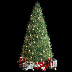 Christmas Tree with ornaments and presents isolated on black background 3d rendering