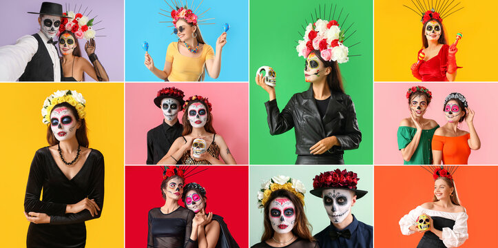 Collage of different people with painted skulls on faces. Celebration of Mexico's Day of the Dead (El Dia de Muertos)