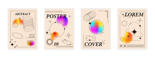 Y2k poster set. Trendy minimalist aesthetic print. Modern fluid gradient posters. Stars and blurred pastel gradient background Vector illustration