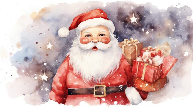 watercolor painting of santa claus with gifts and stars, christmas painting. generative ai