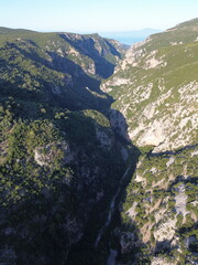 Aerial view over the famous Ridomo gorge in mountainous Mani area in Messenia, Peloponnese, Greece