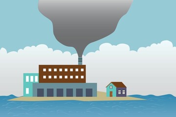 Illustration factory situated near a coastal area emitting smoke