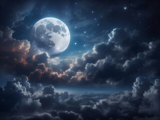 Obraz na płótnie Canvas Realistic Night Sky with Clouds and Moon, Beautiful Heaven Nature Background Design - ai generated