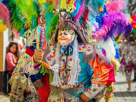 Group of dancers in traditional dress performing the El Torito dance, Guatemala
