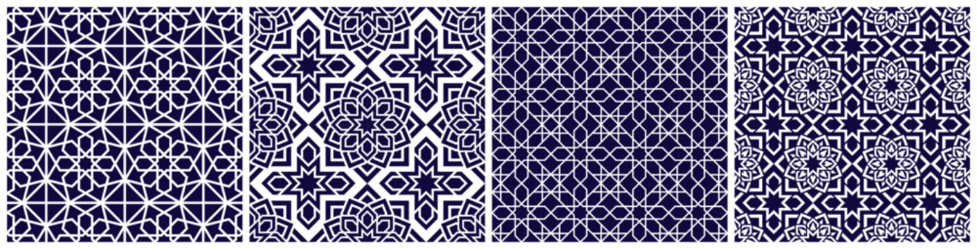 Arabic vector seamless pattern set. Repeated background. Traditional Kuwait, Oman, UAE colors. Islamic arabesque decorative design. Abstract template texture. Backdrop in eastern style