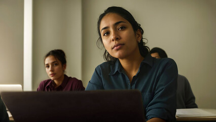 seminar training for professional development, young woman listening to lecture