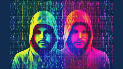 Minimalist portrait of hackers, cybercrime, and the dark web, immersing the frame in a blend of light-faded 8-bit dots and colors. Complemented by a cold wave, vanished light lithography background.