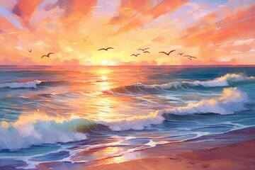 Sunset over the ocean vector simple. - obrazy, fototapety, plakaty