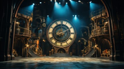 theater set with large clock as focal point, scenic elements, staircases  and theatrical lighting