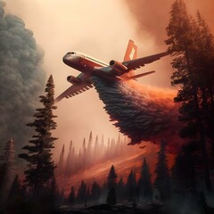 an airplane dropping fire retardant on a forest fire  - obrazy, fototapety, plakaty