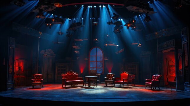 home interior theater set with scenic elements, theatrical lighting and furniture